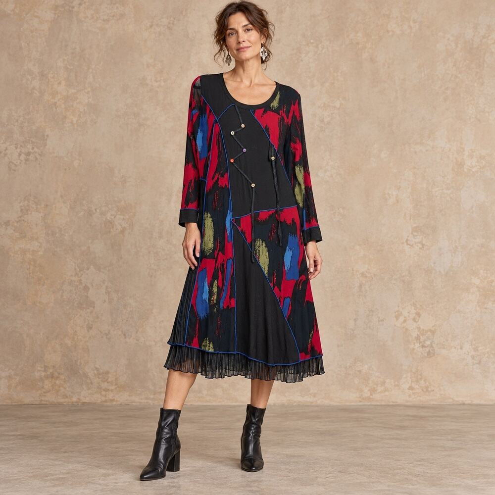Pretty Angel Artsy Boho Lagenlook Midi Dress Black Red Fall Women’s Large